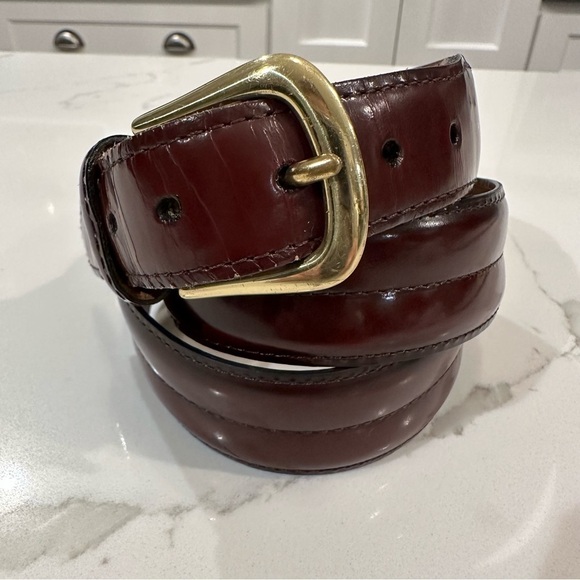 Men’s Roundtree And Yorke Burgundy Burnished Leather Brass Buckle Dress Belt 38 - Picture 1 of 11